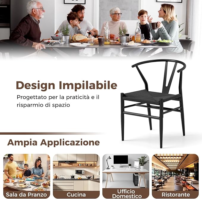 Set di 2 Sedie Sala da Pranzo, Sedie Moderna in Metallo con Seduta Intrecciato, Schienale a Forma di Y e Braccioli, Poltrone per Ufficio, Cucina e Ristorante, 46 x 59 x 73 cm (Nero)