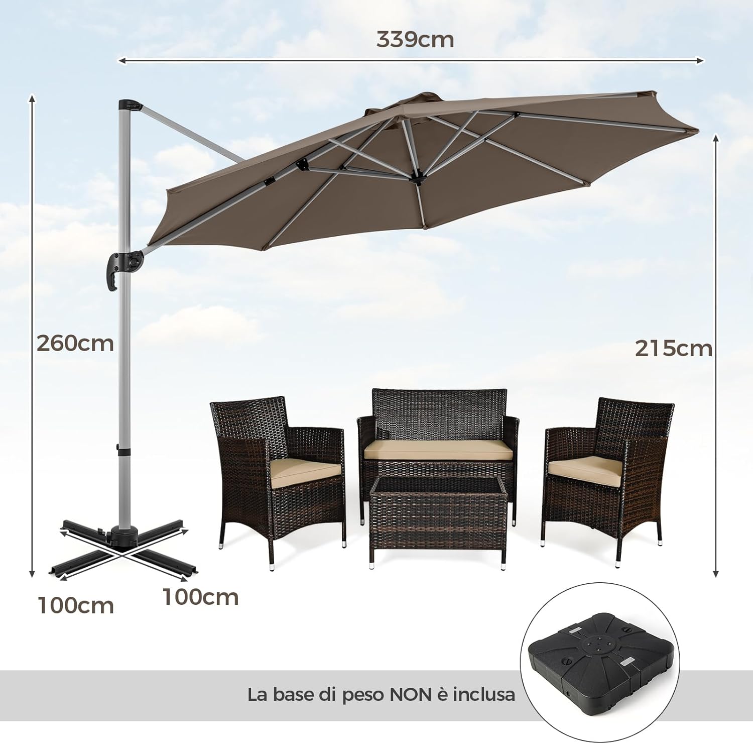 Ombrellone da Giardino 339 cm, Ombrello da Giardino Rotondo con Rotazione a 360°, Ombrellone da Giardino Inclinabile con Base, Ombrello da Sole per Giardino, Patio (Caffè)