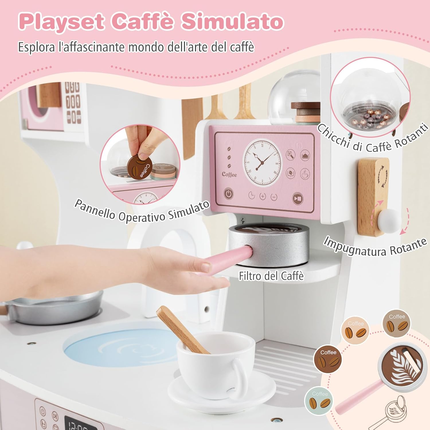 Cucina Giocattolo con Macchina da Caffè, Forno e Lavatrice, Cucina per Bambini in Legno con Microonde e Lavandino, Set Cucina con 13 Accessori, 70 x 30 x 88 cm, per Bambini 3+ Anni