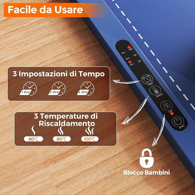 Vassoio Riscaldante Elettrico, Tappetino Riscaldante in Silicone Portatile, con Temperatura Regolabile Timer e Blocco per Bambini, per Buffet, Feste e Cucina (60 x 44 cm,Blu)