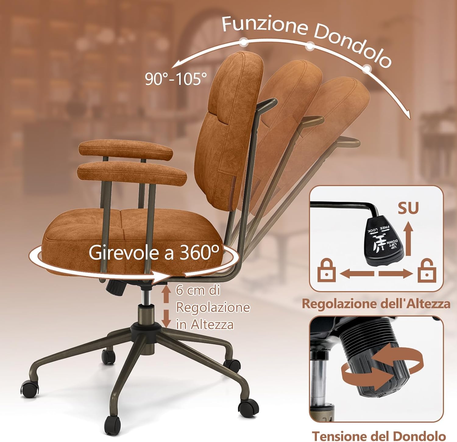 Sedia da Ufficio, con Schienale e Braccioli, Sedia Girevole Regolabile con Funzione a Dondolo e Ruote per Camera da Letto, Studio, Portata 150 kg (Marrone)