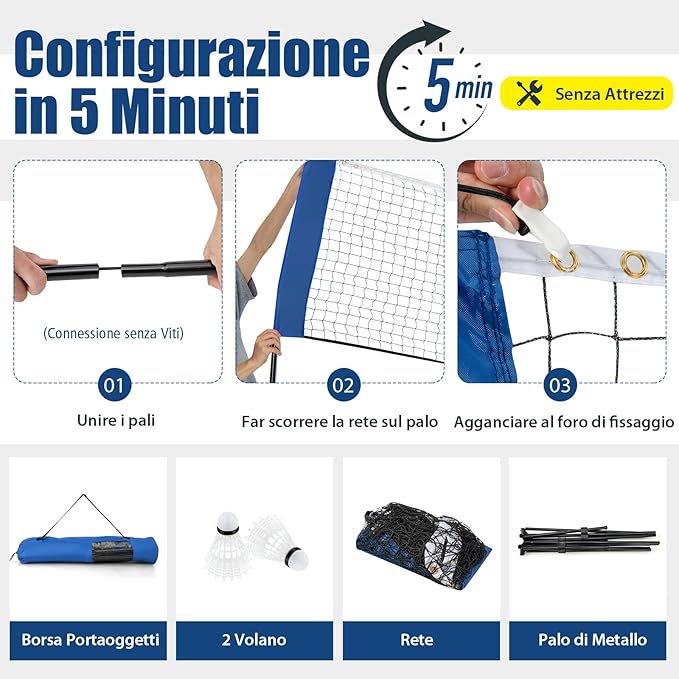 Rete da Badminton 310/420 cm Portatile e Regolabile in Altezza, Set di Rete da Badminton con 2 Volani, Tappi per Piedi, Morsetti e Borsa, per Pallavolo e Pickleball