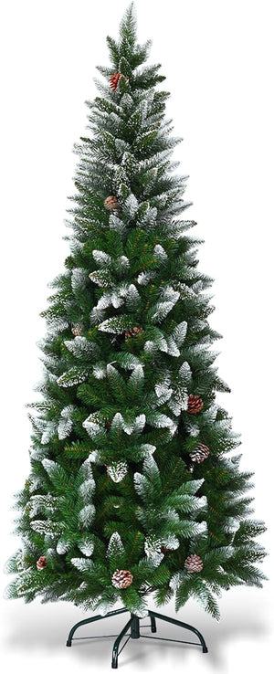 Albero di Natale Innevato 180/220 cm, Albero di Natale Slim con Pigne, Base di Metallo e Rami Rigogliosi in PVC, Ideale per Casa, Ufficio e Negozio (180 cm)