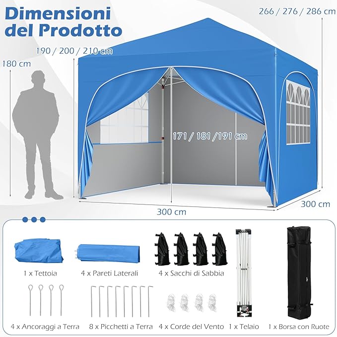 Gazebo Piehevole da Esterno 3 x 3 m, Gazebo Regolabile in Altezza con Pareti Rimovibili, Borsa con Ruote, Picchetti, Ancoraggi, Corde Vento e Sacchi di Sabbia, Tendone per Giardino (Blu)