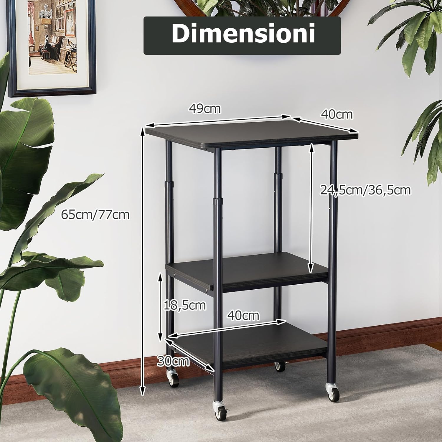 Supporto per Stampante, Carrello Stampante a 3 Livelli con Ripiani di Stoccaggio e Ruote con Blocco, Altezza Regolabile, per Stampante 3D Scanner Fax, 49 x 40 x 65/77 cm (Nero)