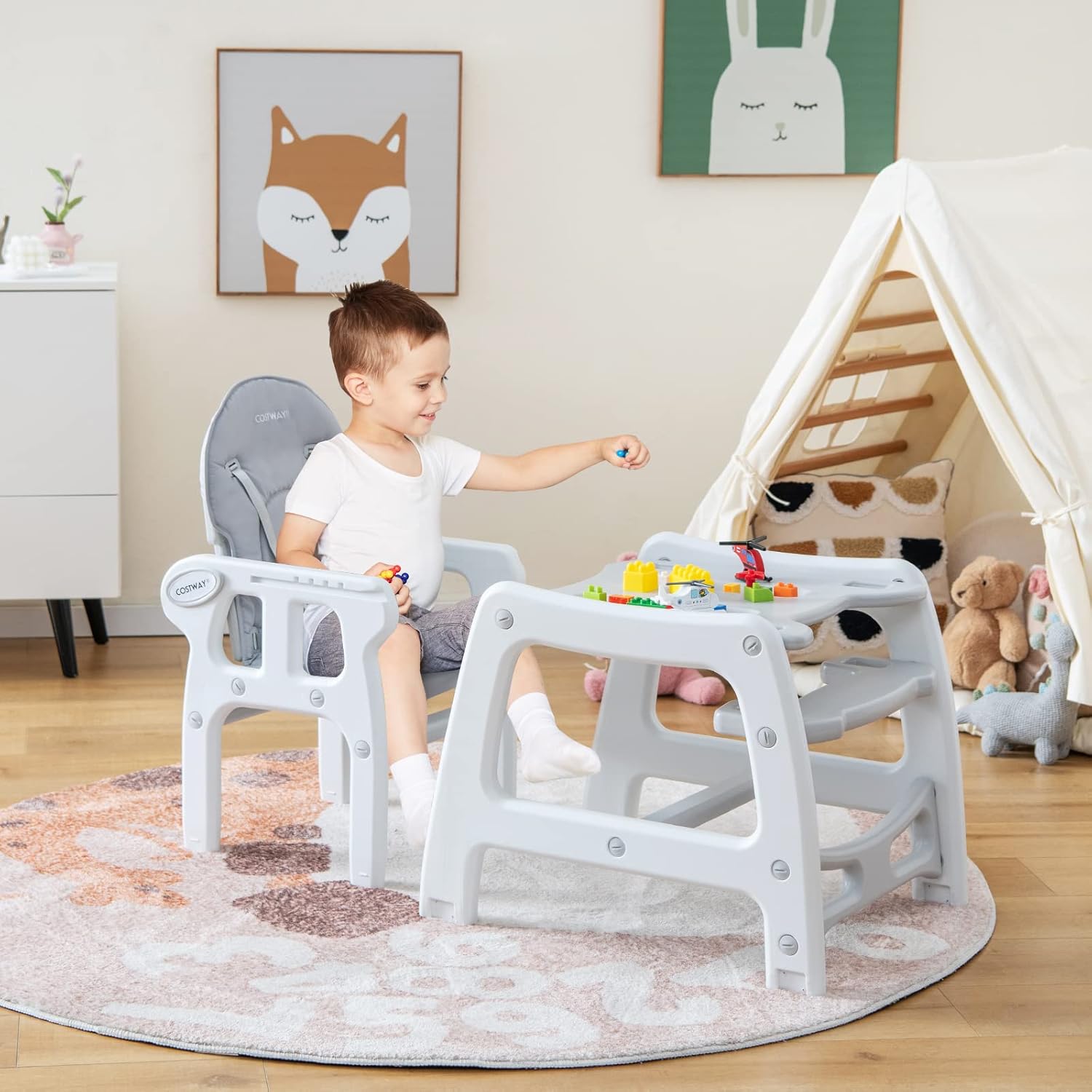 Seggiolone Pappa per Bambini 3 in 1, Seggiolone per Neonati con Vassoio Rimovibile, Cuscino, Schienale Regolabile e Cintura di Sicurezza a 5 Punti, 6-36 Mesi, Capacità 20 kg (Grigio)