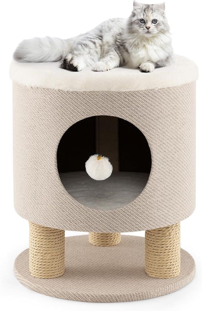 Casetta per Animali Domestici, Cuccia per Gatti con Pali Tiragraffi e Pallina di Peluche, Mobile Multiuso 3-IN-1 per Gatti Piccoli e Medi (Beige)