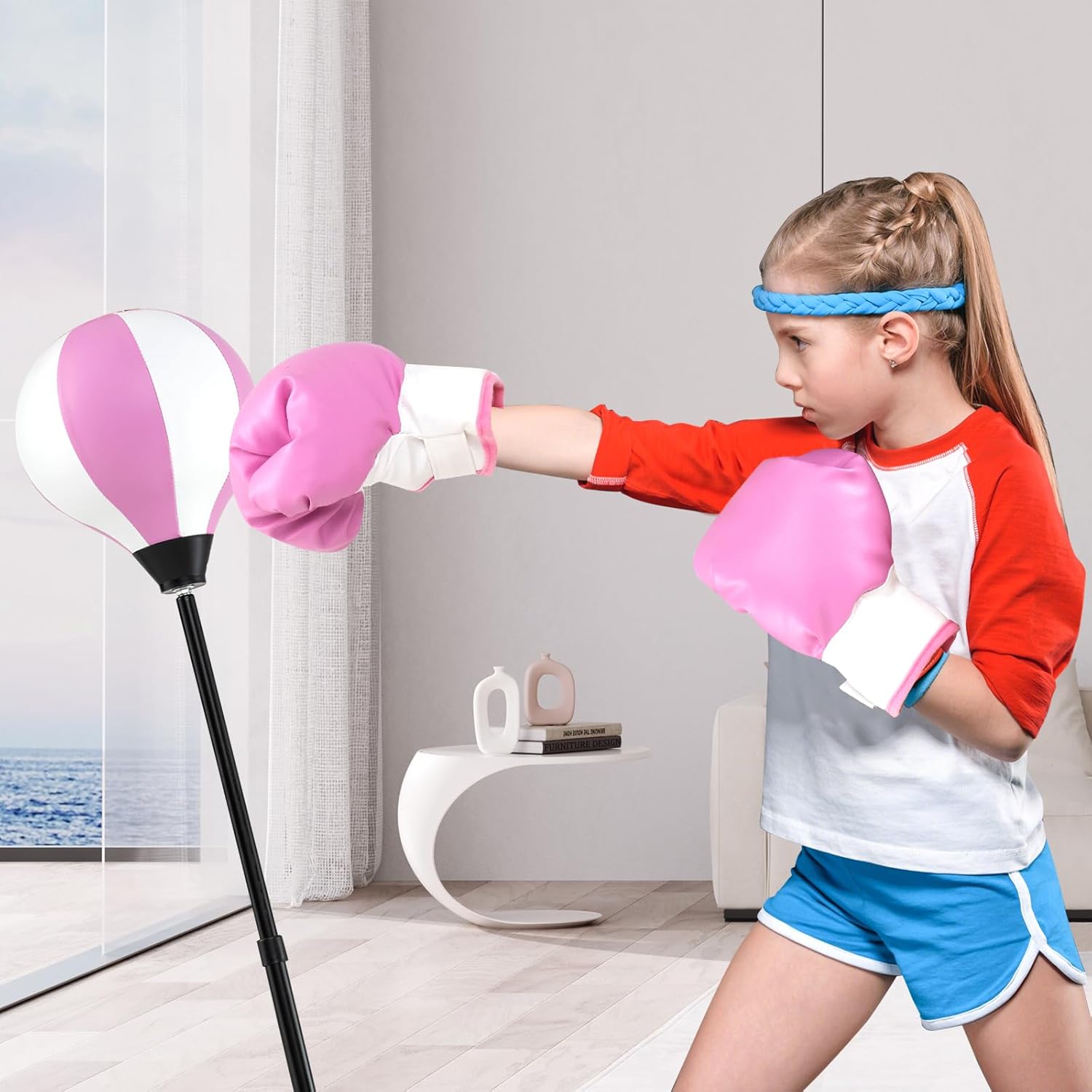 Sacco da Boxe per Bambini Altezza Regolabile, Punching Ball per Bambini con Guantoni, Palla di Pugilato da Terra con Base Stabile Riempibile con Acqua o Sabbia