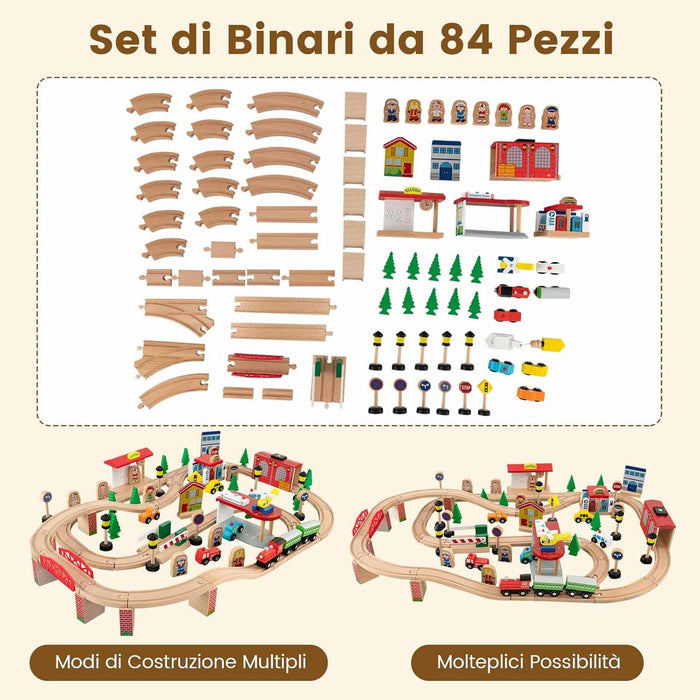 Tavolo e Set di Trenini in Legno, Tavolo Reversibile e Staccabile e Binari in Legno Massiccio, Set da Gioco Creativo 84/80 Pezzi, per Bambini 3 Anni+ (Stile 1)