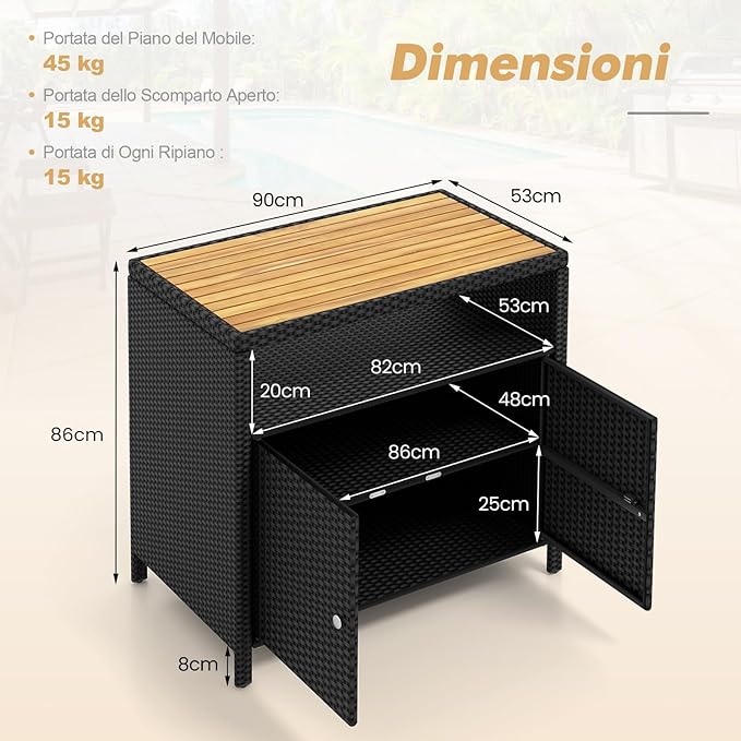 Armadietto Portaoggetti in Rattan, Mobile Buffet per Esterni in Legno di Acacia, Con Compartimento Aperto e Armadio Chiuso a 2 Ante, per Piscina, Terrazza e Patio, 90 x 53 x 86 cm (Nero)