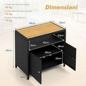 Armadietto Portaoggetti in Rattan, Mobile Buffet per Esterni in Legno di Acacia, Con Compartimento Aperto e Armadio Chiuso a 2 Ante, per Piscina, Terrazza e Patio, 90 x 53 x 86 cm (Nero)