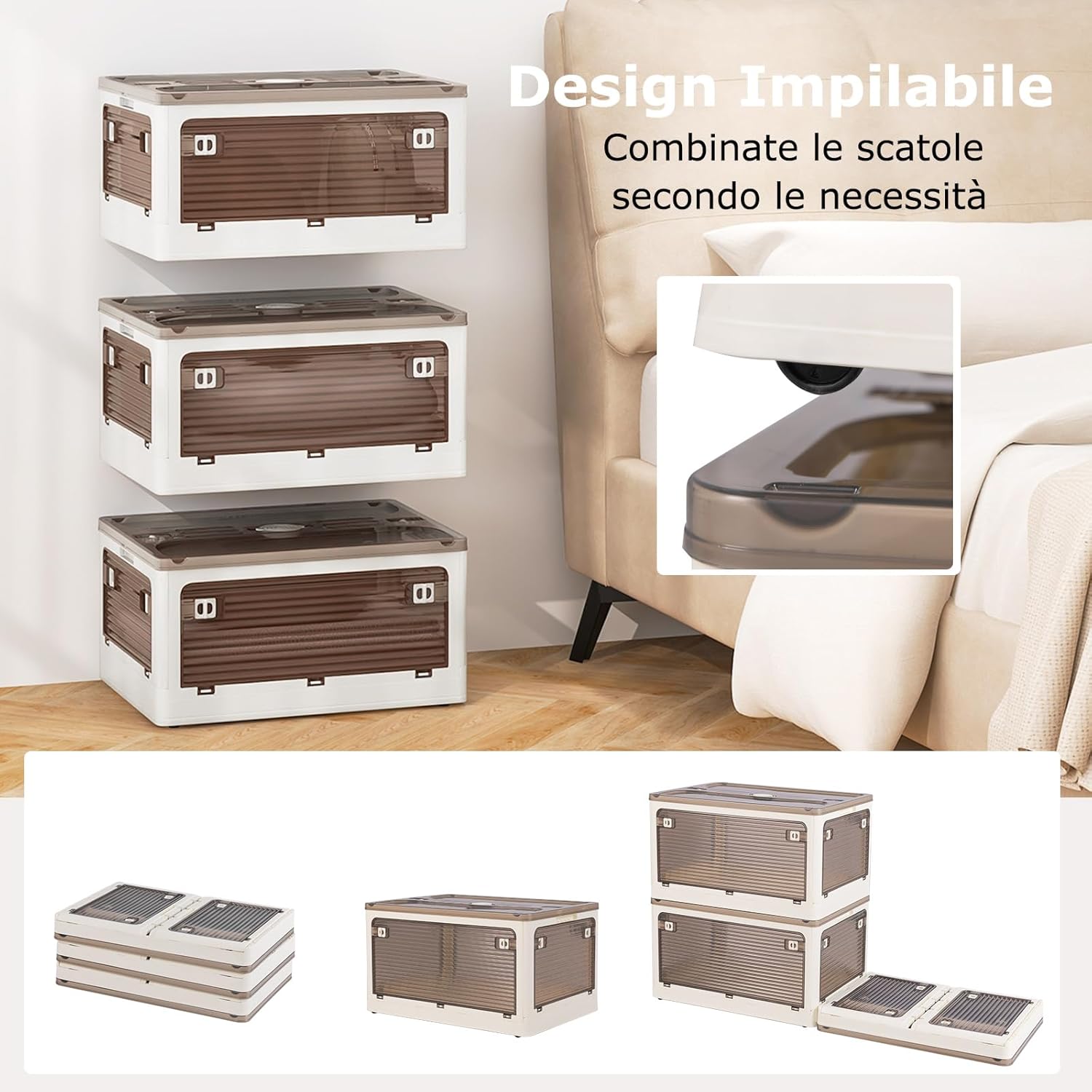 Set di 3 Contenitori Impilabili con Coperchi, Contenitori Pieghevoli in Plastica 132/90 L, Organizzatore con Ruote per Camera da Letto Soggiorno e Cucina (47x35x71,5cm)