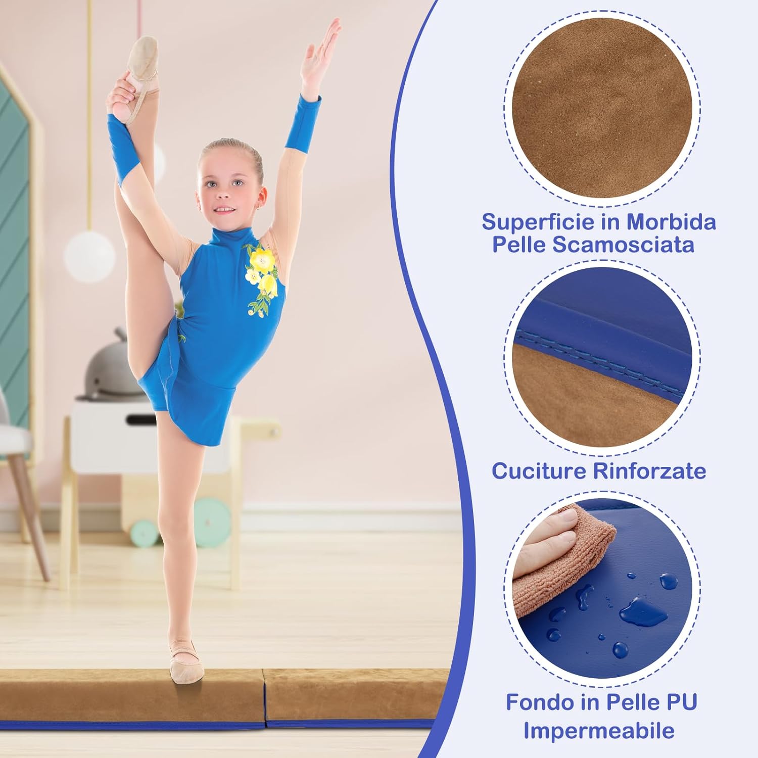 Trave da Ginnastica per Bambini Pieghevole 240 cm, Trave di Equilibrio Portatile conSuperficie in Pelle Scamosciata e Schiuma Morbida, Attrezzatura per Ginnastica a Casa