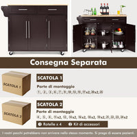 Carrello da Cucina, Carrello di Servizio con Ruote e Maniglia, 3 Ante e 2 Cassetti, Ideale per Cucina Ristorante Bar, 122x46x92,3 cm (Marrone)