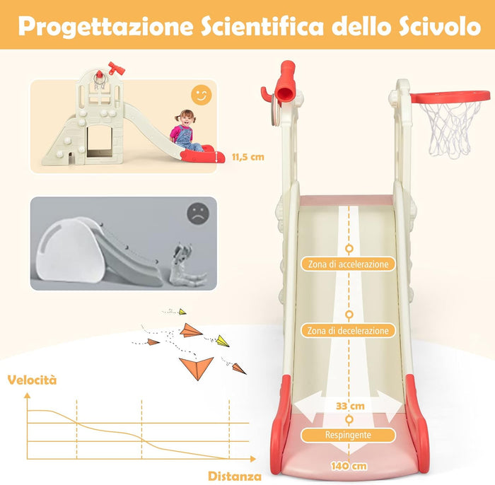 Scivolo per Bambini 6 in 1, Set da Gioco per Bambini con Canestro, Palla, Lancio dell'Anello e Cannocchiale, Ideale per Interni ed Esterni per Ragazzi e Ragazze, 189,5 x 83 x 98 cm (Rosa)
