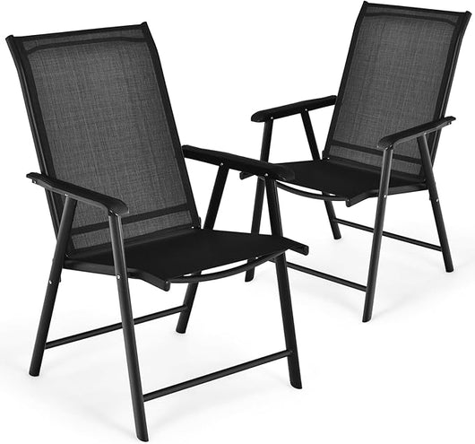 Set di 2 Sedie Pieghevoli, Sedia da Esterno con Struttura in Ferro Resistente, Con Braccioli, Ideale per Campeggio Spiaggia, 68 x 59 x 93cm (Nero)