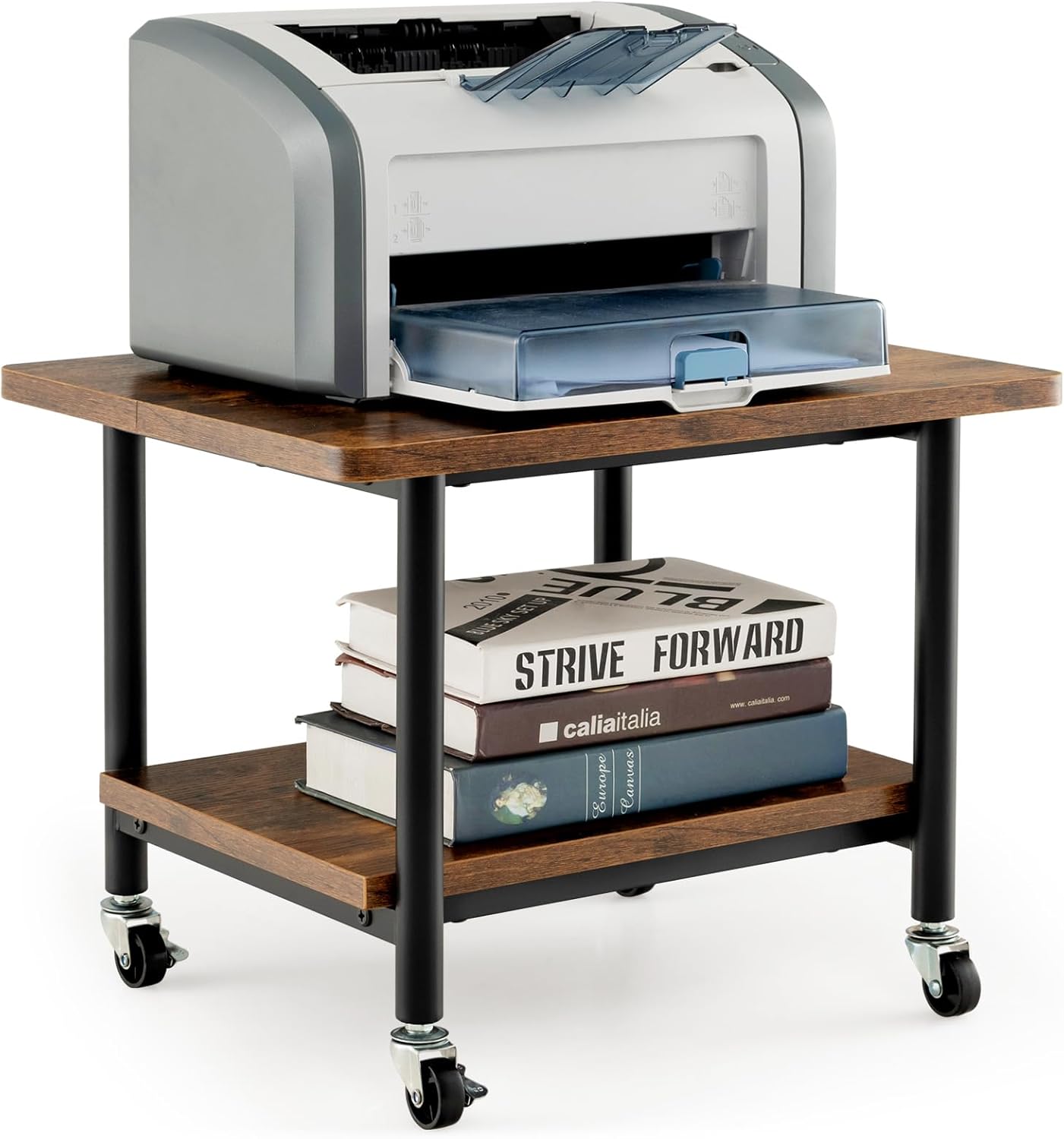 Supporto per Stampante, Carrello Stampante con Ruote Girevoli a 360⁰, Design Rimovibile, Superficie Ampia e Liscia, di Legno e Acciaio, 49 x 40 x 37 cm (Marrone)