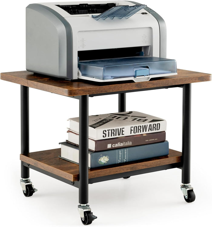 Supporto per Stampante, Carrello Stampante con Ruote Girevoli a 360⁰, Design Rimovibile, Superficie Ampia e Liscia, di Legno e Acciaio, 49 x 40 x 37 cm (Marrone)