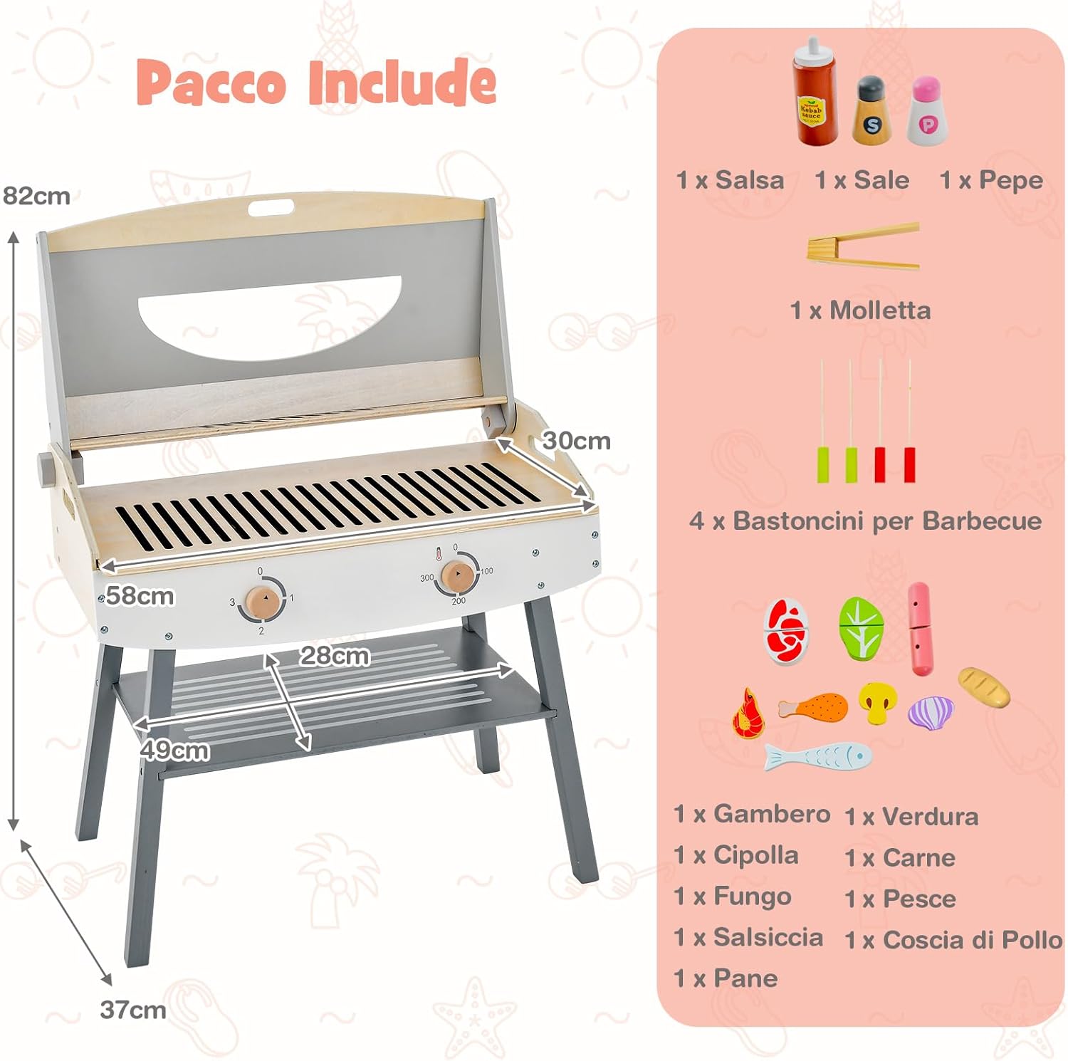 Set di Gioco Barbecue per Bambini, Giocatollo di Barbecue per Bambini con Accessori, Set da Cucina di Barbecue Realistico in Legno, per Ragazzi 3+ Anni