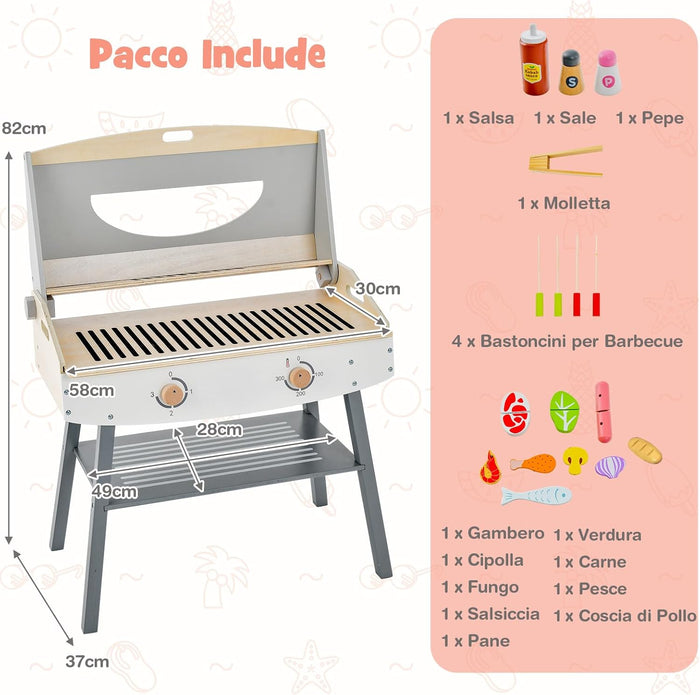 Set di Gioco Barbecue per Bambini, Giocatollo di Barbecue per Bambini con Accessori, Set da Cucina di Barbecue Realistico in Legno, per Ragazzi 3+ Anni