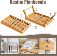 Vassoio per Laptop con Gambe Regolabili e Piano di Dissipazione Termica Inclinabile, Tavolino da Letto Pieghevole con Cassetto Portaoggetti per Leggere, Scrivere e Mangiare (Legno)