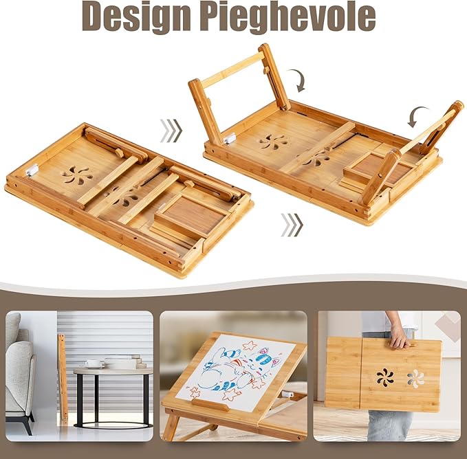 Vassoio per Laptop con Gambe Regolabili e Piano di Dissipazione Termica Inclinabile, Tavolino da Letto Pieghevole con Cassetto Portaoggetti per Leggere, Scrivere e Mangiare (Legno)