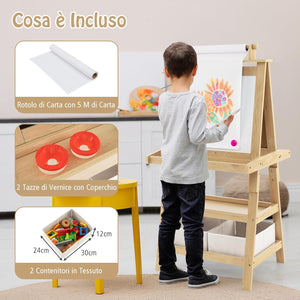 3 in 1 Cavalletto per Bambini con Doppia Faccia, Cavalletto per Disegno con 2 Vassoi e 2 Scatole, Lavagna Bambini in Legno (Naturale)