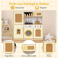 Cucina Giocattolo per Bambini, Cucina Legno per Bambini con Luci, Suoni, Frigorifero, Distributore d'Acqua, Lavatrice, Accessori Ricchi e Ante in Rattan, per 3 Anni+ (Giallo Caldo)