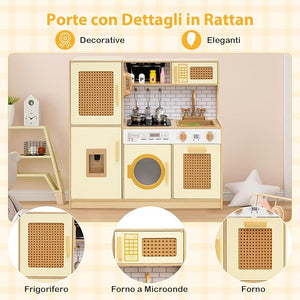Cucina Giocattolo per Bambini, Cucina Legno per Bambini con Luci, Suoni, Frigorifero, Distributore d'Acqua, Lavatrice, Accessori Ricchi e Ante in Rattan, per 3 Anni+ (Giallo Caldo)