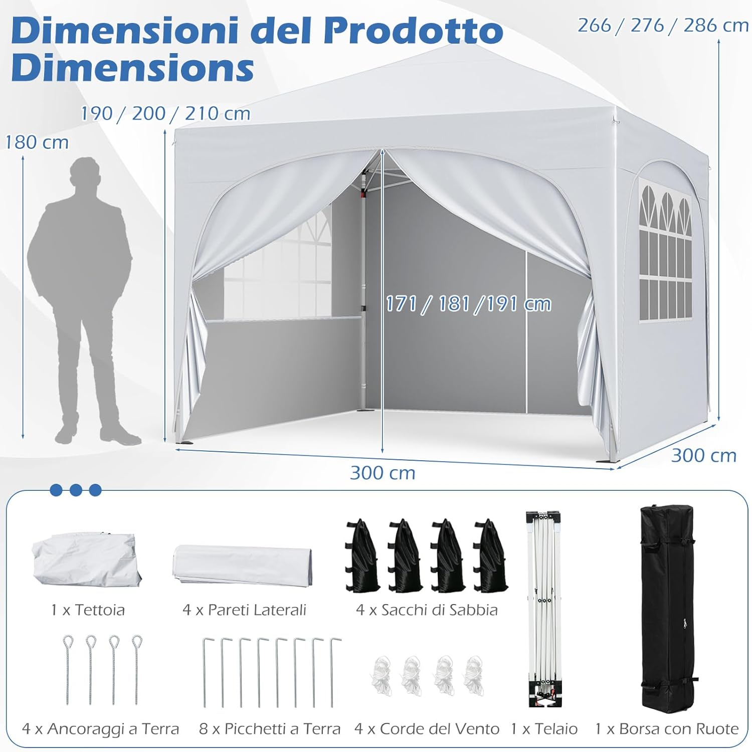 Gazebo Piehevole da Esterno 3 x 3 m, Gazebo Regolabile in Altezza con Pareti Rimovibili, Borsa con Ruote, Picchetti, Ancoraggi, Corde Vento e Sacchi di Sabbia, Tendone per Giardino (Bianco)
