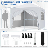 Gazebo Piehevole da Esterno 3 x 3 m, Gazebo Regolabile in Altezza con Pareti Rimovibili, Borsa con Ruote, Picchetti, Ancoraggi, Corde Vento e Sacchi di Sabbia, Tendone per Giardino (Bianco)