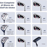 Set Completo di Mazze da Golf per Uomo, Include Driver 1 da 460CC, Fairway 3, Ibrido 5, Ferri 5, 6, 7, 8, 9, P e S, Putter e Borsa Portatile Leggera, Destrorso
