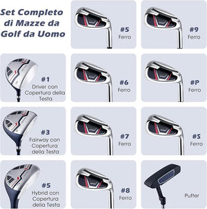Set Completo di Mazze da Golf per Uomo, Include Driver 1 da 460CC, Fairway 3, Ibrido 5, Ferri 5, 6, 7, 8, 9, P e S, Putter e Borsa Portatile Leggera, Destrorso