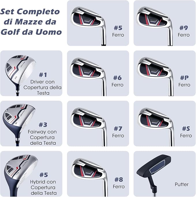Set Completo di Mazze da Golf per Uomo, Include Driver 1 da 460CC, Fairway 3, Ibrido 5, Ferri 5, 6, 7, 8, 9, P e S, Putter e Borsa Portatile Leggera, Destrorso