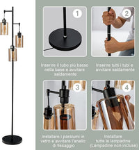 Lampada da Terra, Lampada a Stelo Retrò con Paralume in Vetro Ambrato a 3 Teste Sospese, Interruttore a Pedale, Base in Metallo, Ideale per Soggiorno, Camera da Letto, Corridoio e Studio