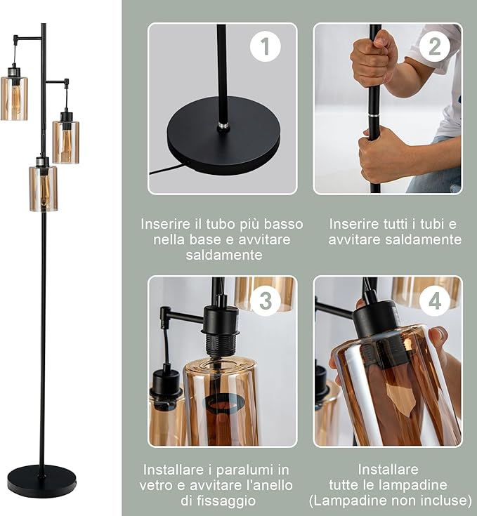 Lampada da Terra, Lampada a Stelo Retrò con Paralume in Vetro Ambrato a 3 Teste Sospese, Interruttore a Pedale, Base in Metallo, Ideale per Soggiorno, Camera da Letto, Corridoio e Studio