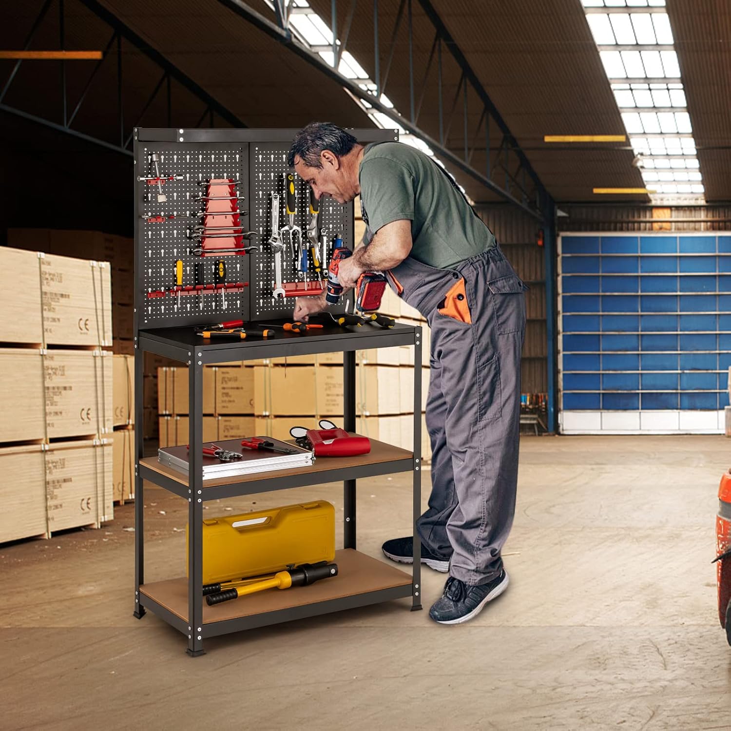 Banco da Lavoro, in Metallo e MDF, con 3 Ripiani, 13 Accessori da Appendere, 80,5 x 41x 155cm, per Garage, Casa, Officina e Magazzino