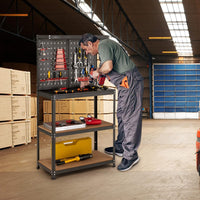 Banco da Lavoro, in Metallo e MDF, con 3 Ripiani, 13 Accessori da Appendere, 80,5 x 41x 155cm, per Garage, Casa, Officina e Magazzino