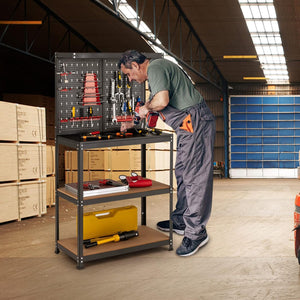 Banco da Lavoro, in Metallo e MDF, con 3 Ripiani, 13 Accessori da Appendere, 80,5 x 41x 155cm, per Garage, Casa, Officina e Magazzino