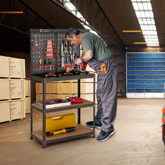 Banco da Lavoro, in Metallo e MDF, con 3 Ripiani, 13 Accessori da Appendere, 80,5 x 41x 155cm, per Garage, Casa, Officina e Magazzino