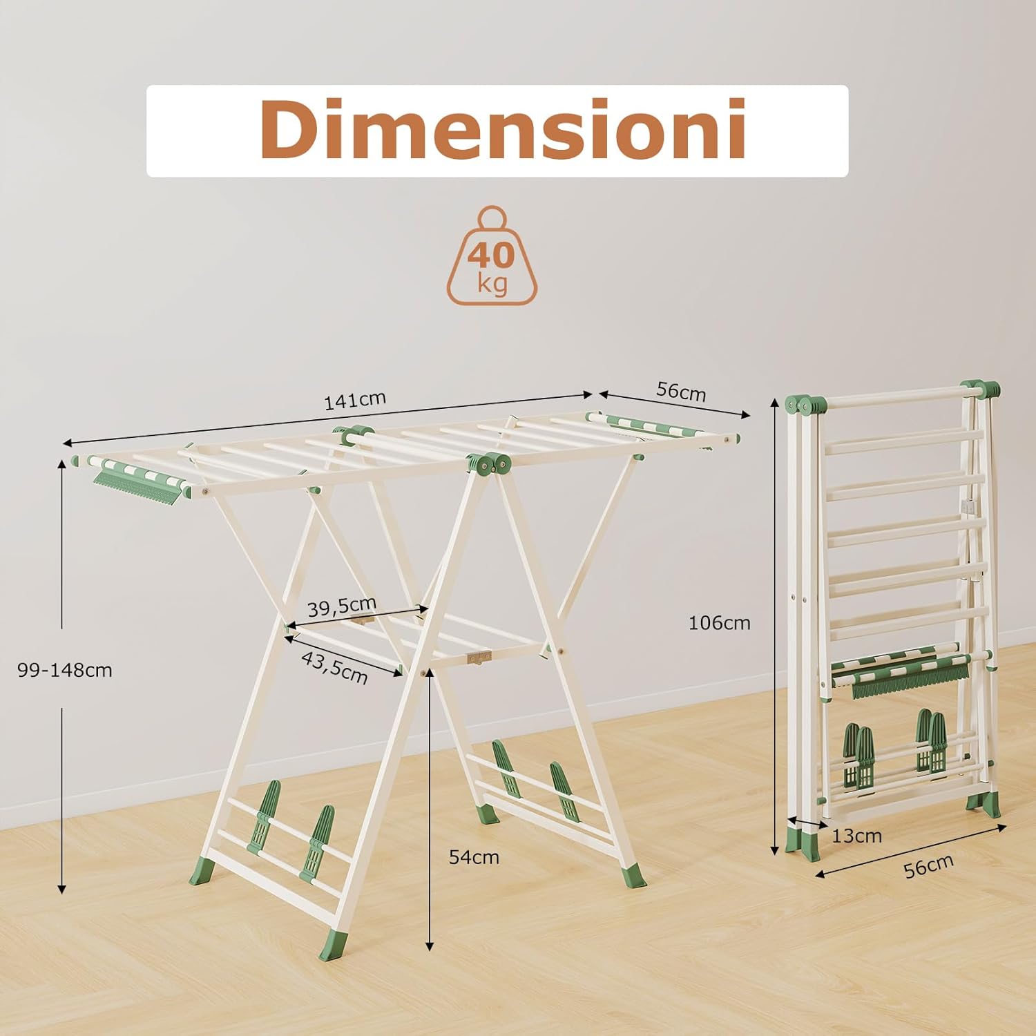 Stendibiancheria con 16 Barra, Stendino Pieghevole in Metallo con Ali Regolabili in Altezza, Clips per Calzini, Supporto per Abbigliamento Autoposante a Ali per Interno Esterno (Beige)