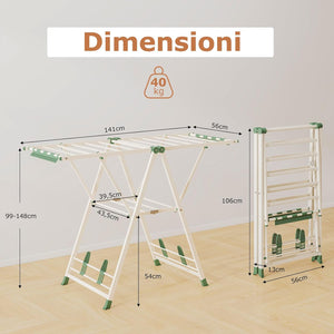 Stendibiancheria con 16 Barra, Stendino Pieghevole in Metallo con Ali Regolabili in Altezza, Clips per Calzini, Supporto per Abbigliamento Autoposante a Ali per Interno Esterno (Beige)