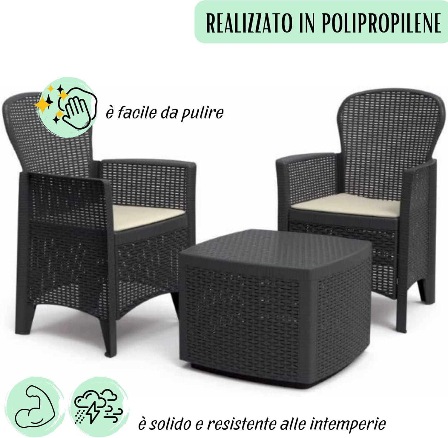 Salottino da Giardino Esterno in Plastica, Salotto da Giardino, 2 Poltrone e 1 Tavolino Contenitore, cuscini Tomaino