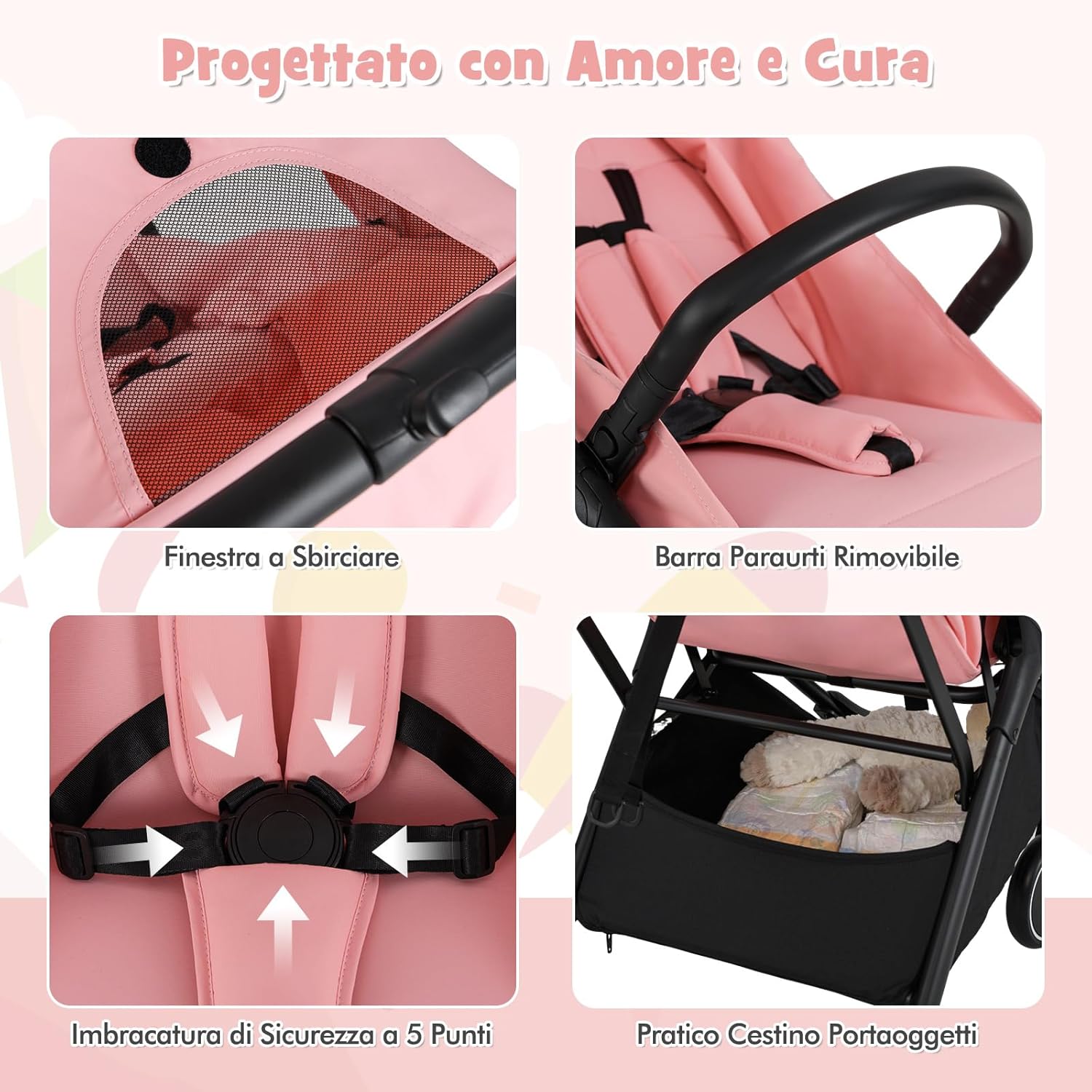Passeggino Leggero per Bambini, Passeggino da Viaggio con Schienale Regolabile, Passeggino Portatile per Bambini con Schienale Reclinabile e Cappotta Regolabile, per Bambini 0-3 Anni (Rosa)
