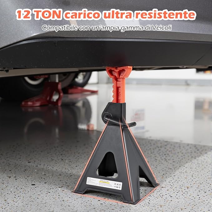 Set di 2 Cavalletti per Auto 12 T, Coppia di Cavalletti di Sostegno con Blocco della Maniglia e Altezza Regolabile 48-75 cm, Cavalletti per Cric per SUV, Berlina, Pickup e UTV