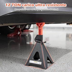 Set di 2 Cavalletti per Auto 12 T, Coppia di Cavalletti di Sostegno con Blocco della Maniglia e Altezza Regolabile 48-75 cm, Cavalletti per Cric per SUV, Berlina, Pickup e UTV