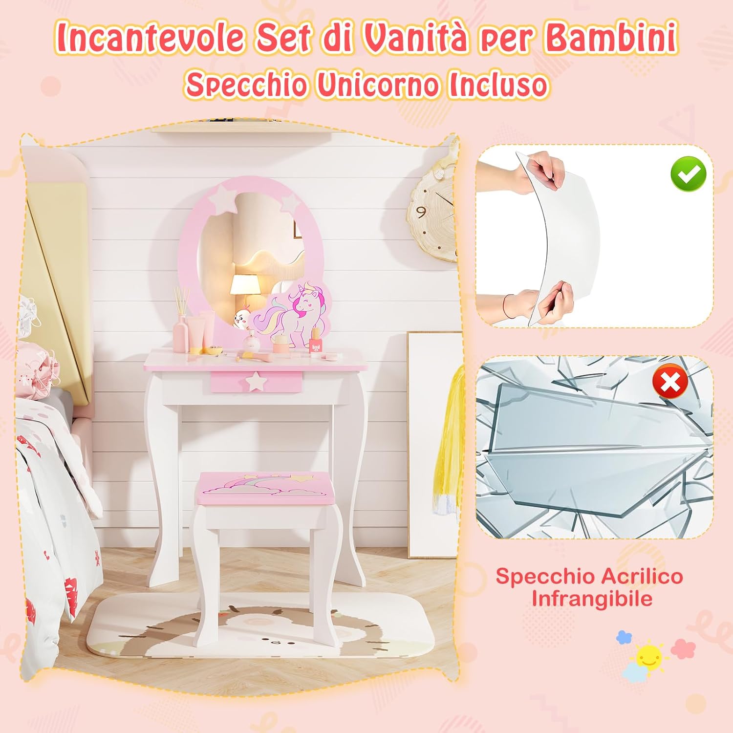 Set Toeletta per Ragazza, Toeletta Trucco per Bambini con Sgabello, Specchio Staccabile e Cassetto, Postazione Trucco in Legno per Cameretta 49.5 x 35.5 x 89cm (Bianco)