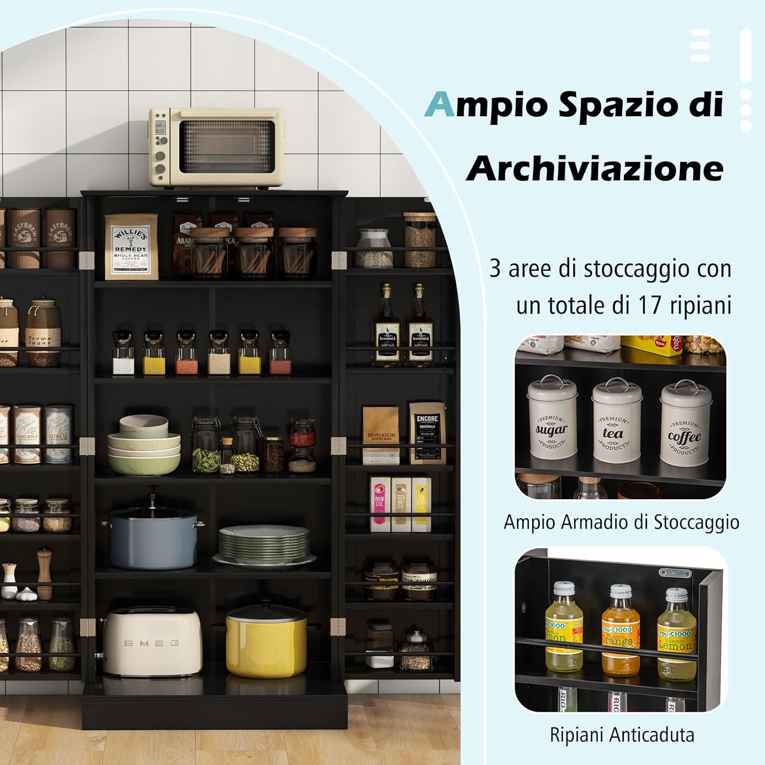 Credenza da Cucina, Mobile da Cucina Moderno con 6 Ripiani Regolabili, per Cucina, Sala da Pranzo e Soggiorno, 60 x 40 x 120 cm (Nero)