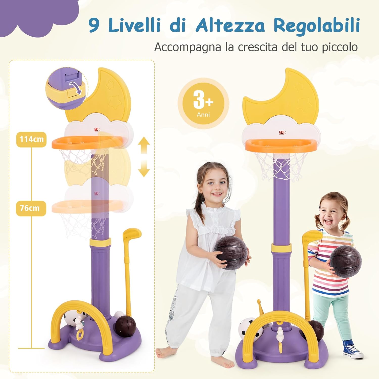 4 in 1 Canestro da Basket per Bambini, Centro di Attività Sportiva Regolabile con Basket Calcio Golf e Gioco del Lancio dell'Anello, per Interno ed Esterno, 3 Anni+ (Giallo)