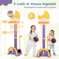 4 in 1 Canestro da Basket per Bambini, Centro di Attività Sportiva Regolabile con Basket Calcio Golf e Gioco del Lancio dell'Anello, per Interno ed Esterno, 3 Anni+ (Giallo)